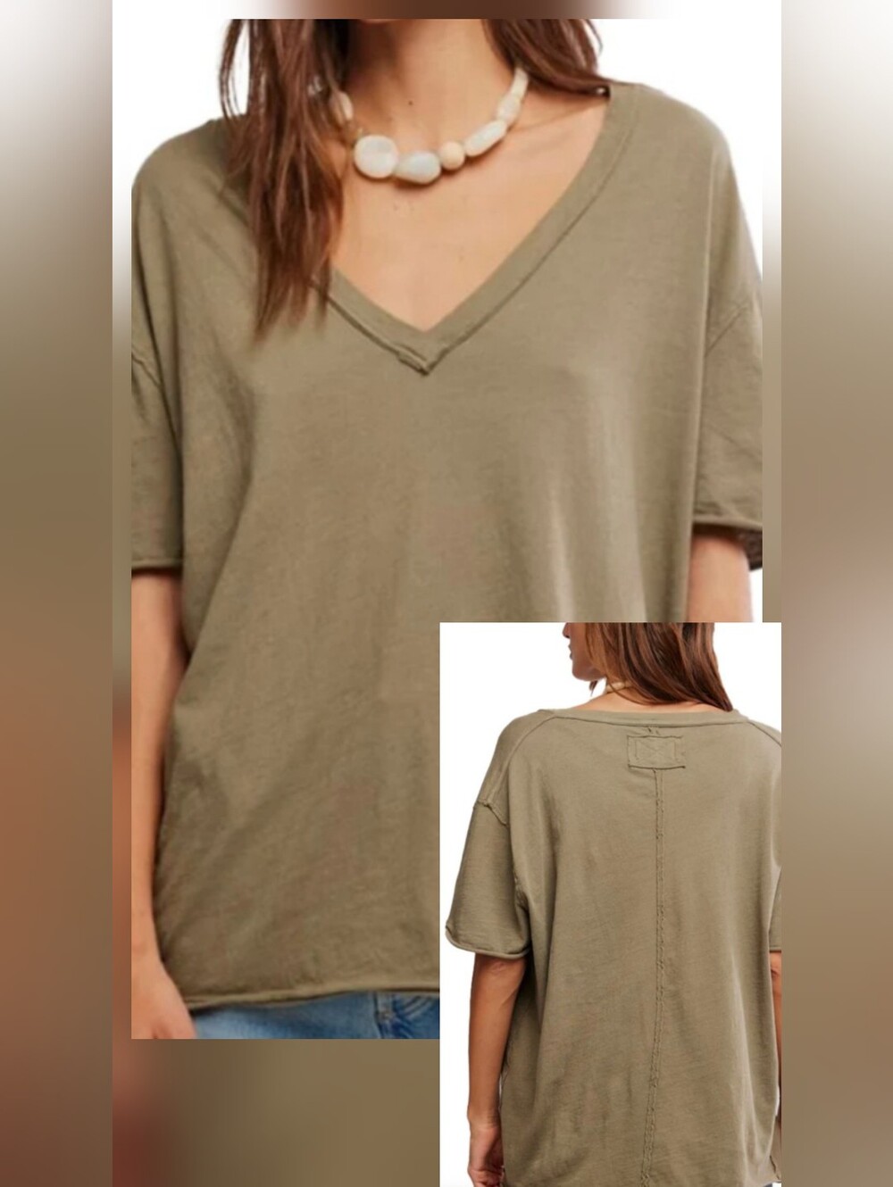Free People We The Free Nina V-Neck Tee NWT-Med- Will Fit XL- Olive Stone